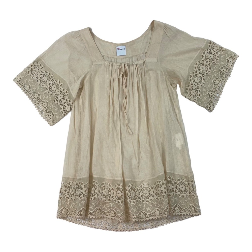 Valentino‎ Red Tan Shear Ruffle Pleat Cotton Silk Blouse Size EU 40 Excellent